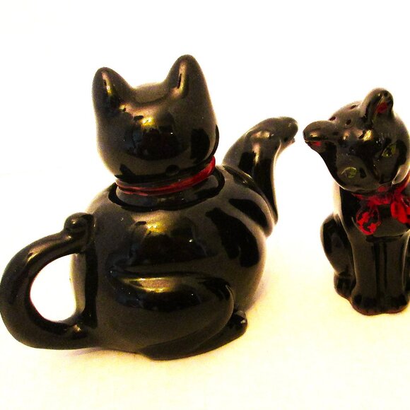 Vtg Shafford Ebony black red bowed cat teapot with salt & pepper black grown cat - Picture 10 of 15